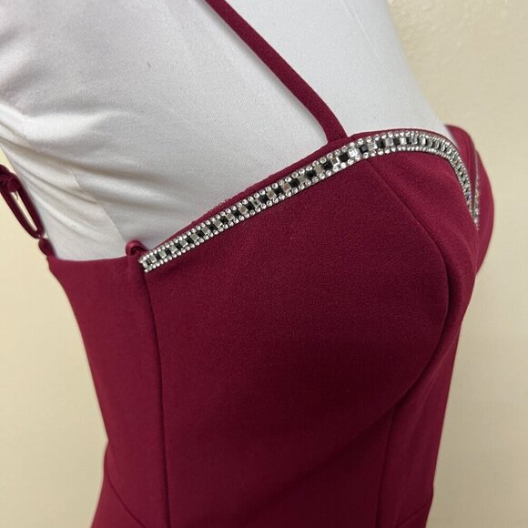 City Studio Junior's Rhinestone-Trim Bodycon Dress Sz 5/6 in Red Burgundy - Picture 6 of 12